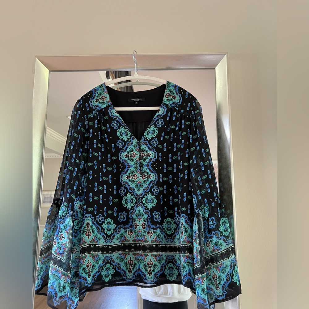 Nanette Lepore Black and Blue Graphic Asymmetrical Blouse